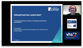 Präsentation von Dr. Stefan Hofmann (Konrad-Adenauer-Stiftung): „Sehnsucht nach dem starken Mann“, mit Sprecherbild.