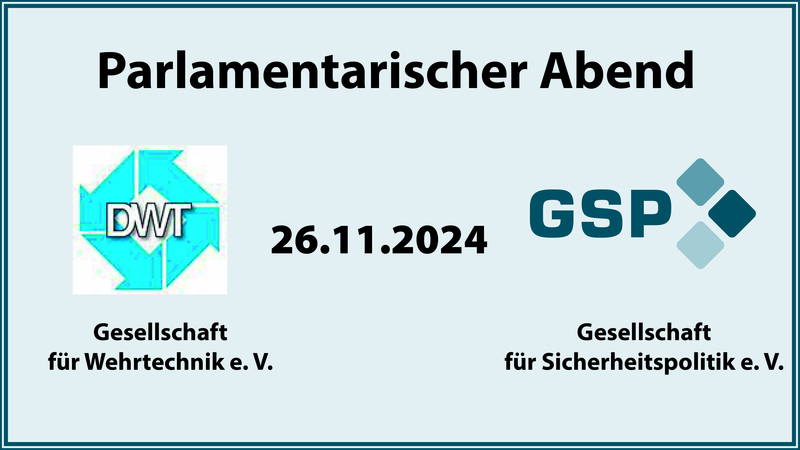 Einladung mit 'Parlamentarischer Abend', DWT- und GSP-Logos und Datum 26.11.2024.