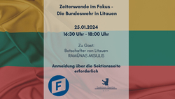 Veranstaltung zur Bundeswehr in Litauen mit Botschafter Ramūnas Misiulis. 25.01.2024, 16:30-18:00 Uhr. Anmeldung.